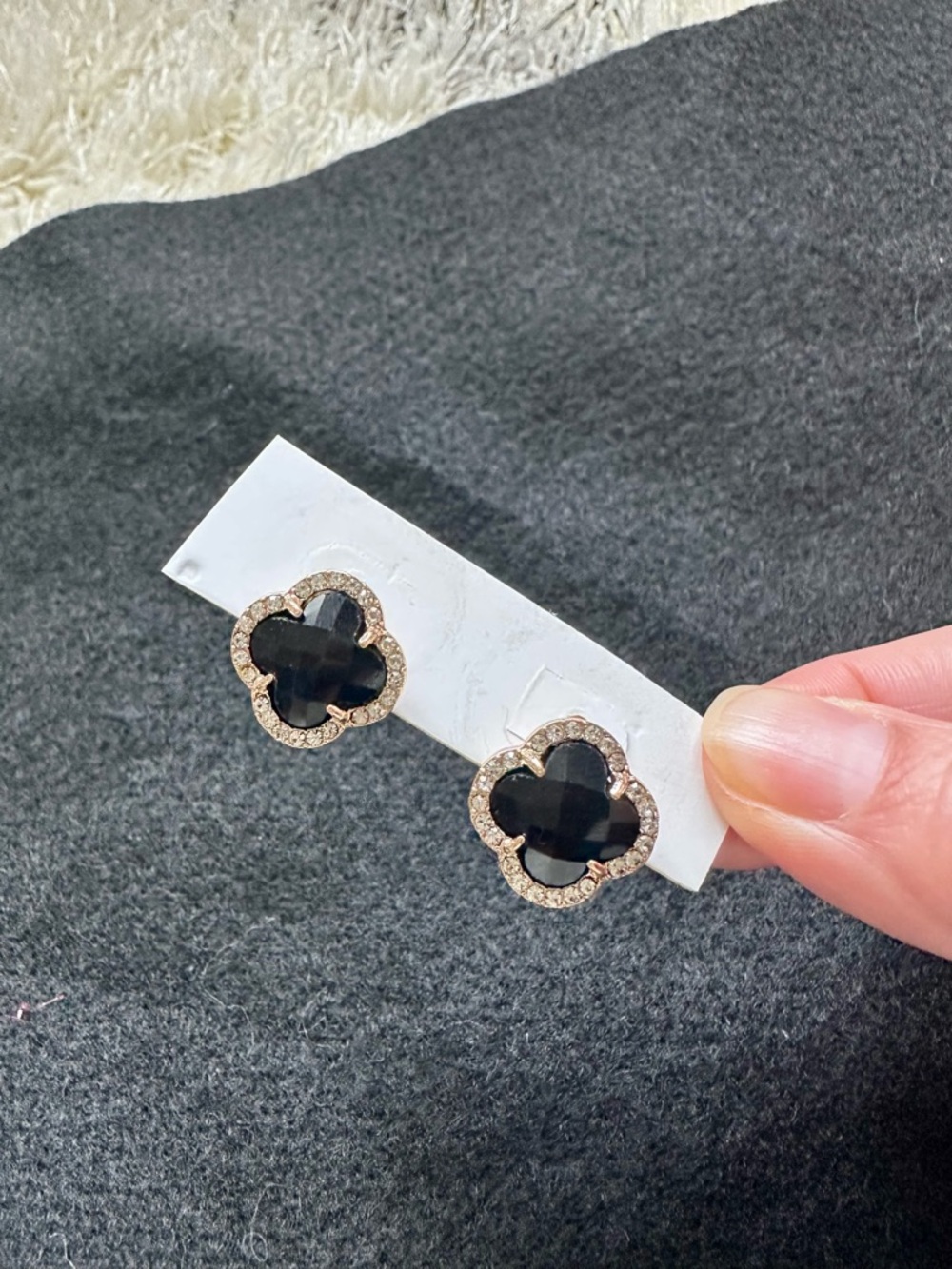 Black Clover-Style Crystal Stud Earrings with Gold Pavé Trim